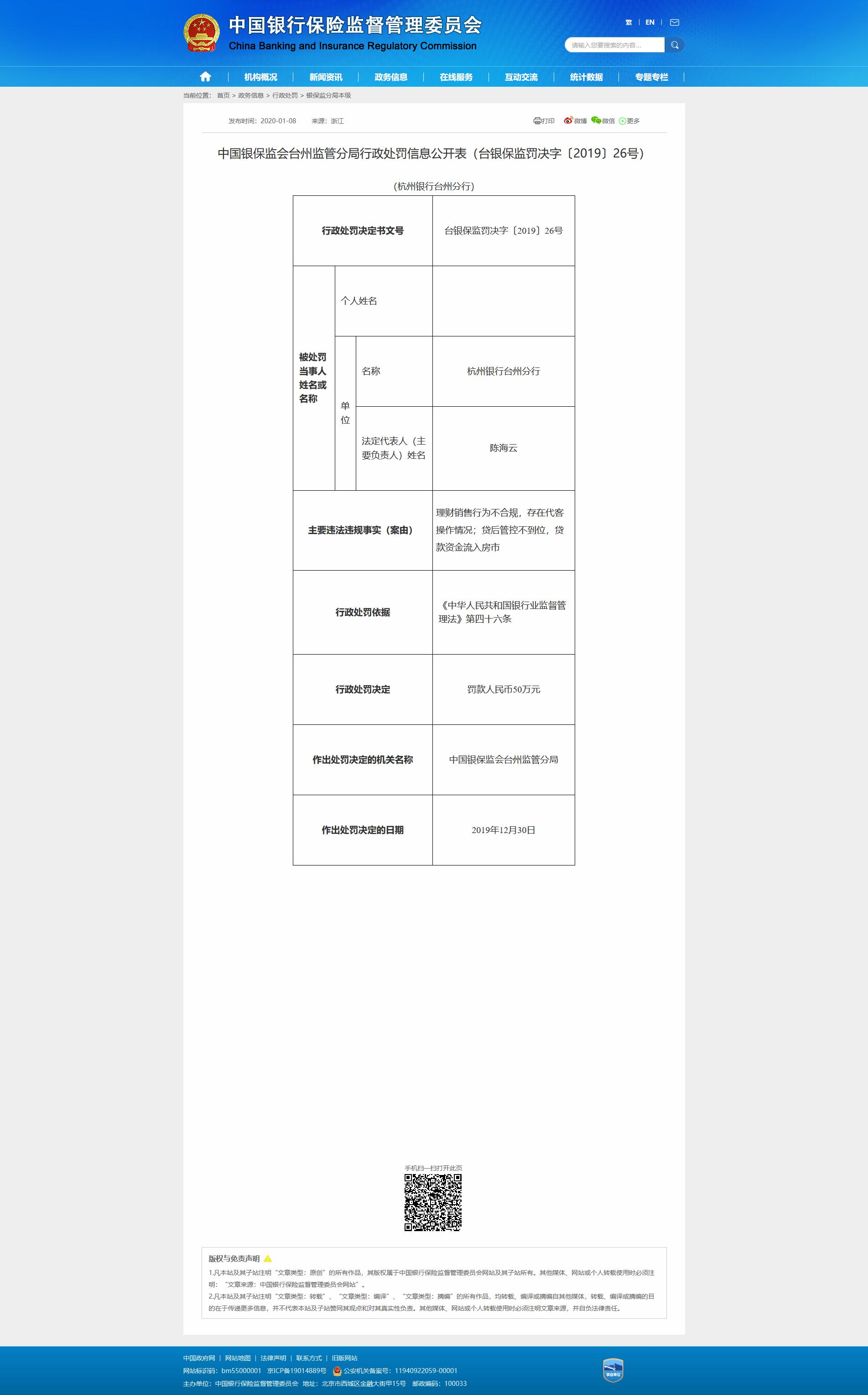 杭州银行台州分行被罚50万元 因理财销售行为不合规