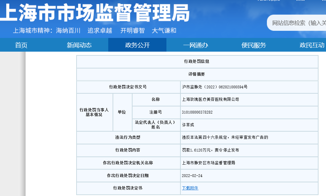 上海玫瑰医疗美容医院违法被罚 星空体育官网未经审查发布医疗广告
