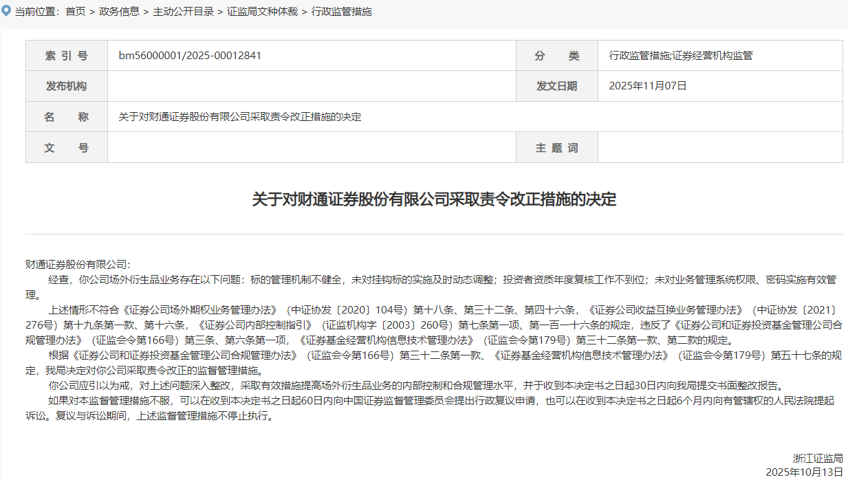 财通证券场外衍生品业务三问题被责令改正